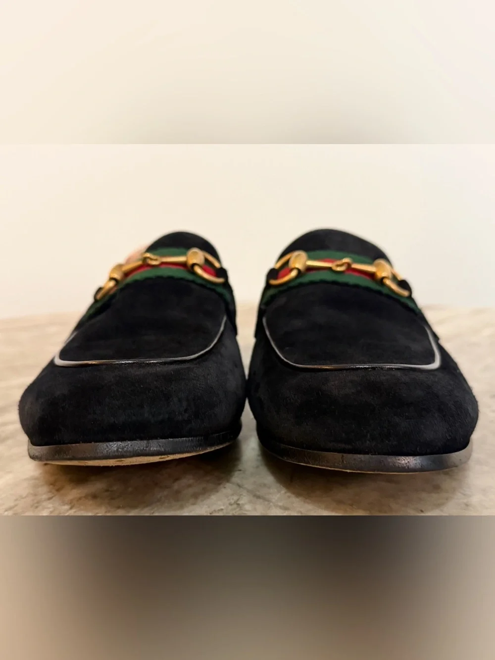 GUCCI BRIXTON Black Suede Web Horsebit Loafers US 7.5 Gucci 7 Jordaan $1050